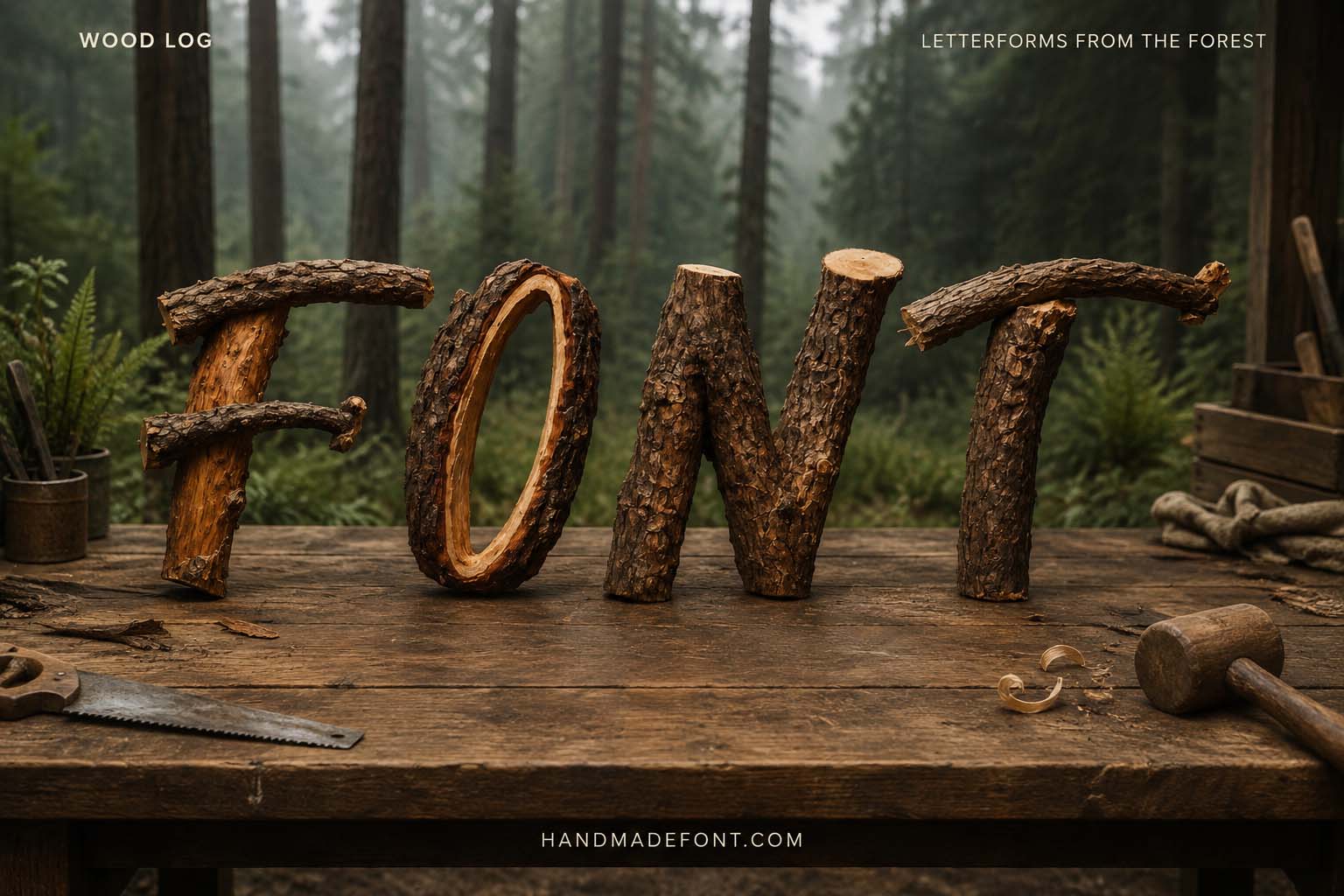 Wood Log Font – bark-covered lettering for rustic forest branding