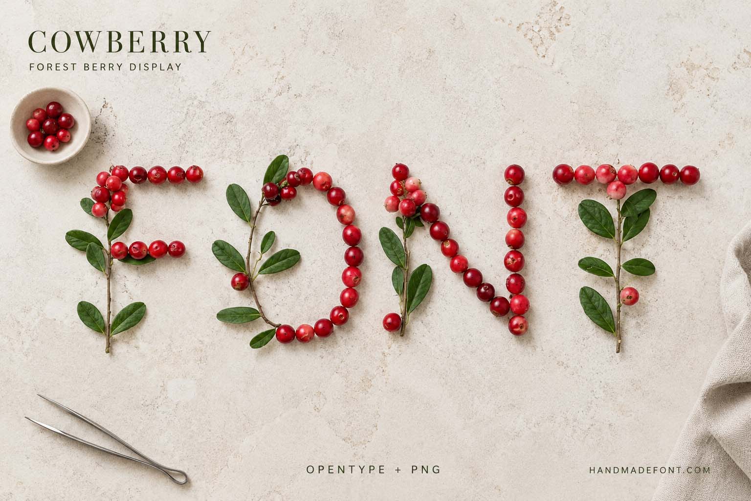 Cowberry Font – red berry and green leaf lettering for organic food branding