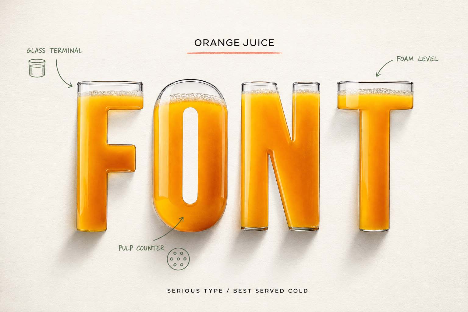Orange Juice Font – glass liquid lettering for fresh beverage packaging