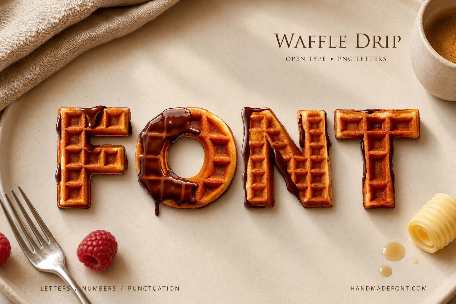 Waffle Drip Font – golden breakfast lettering with glossy chocolate