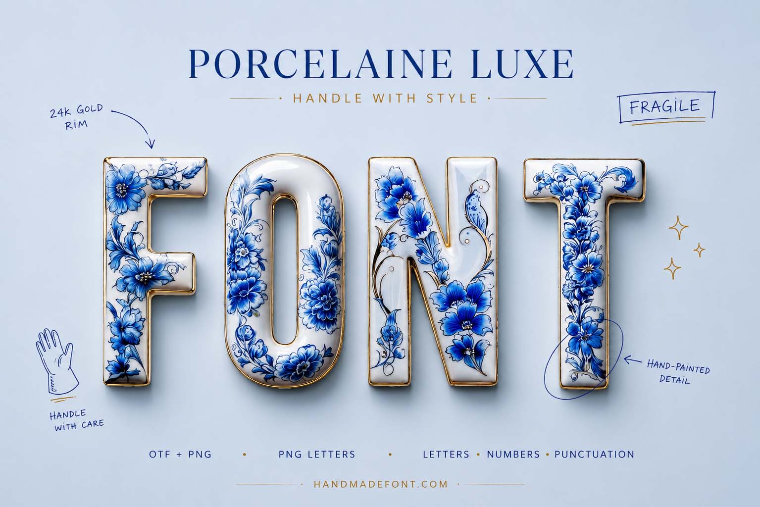 Porcelain Luxe Font – blue floral typography for elegant luxury branding