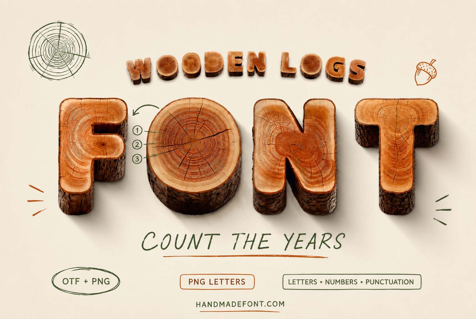 Wooden Logs Font – natural timber lettering with visible tree rings
