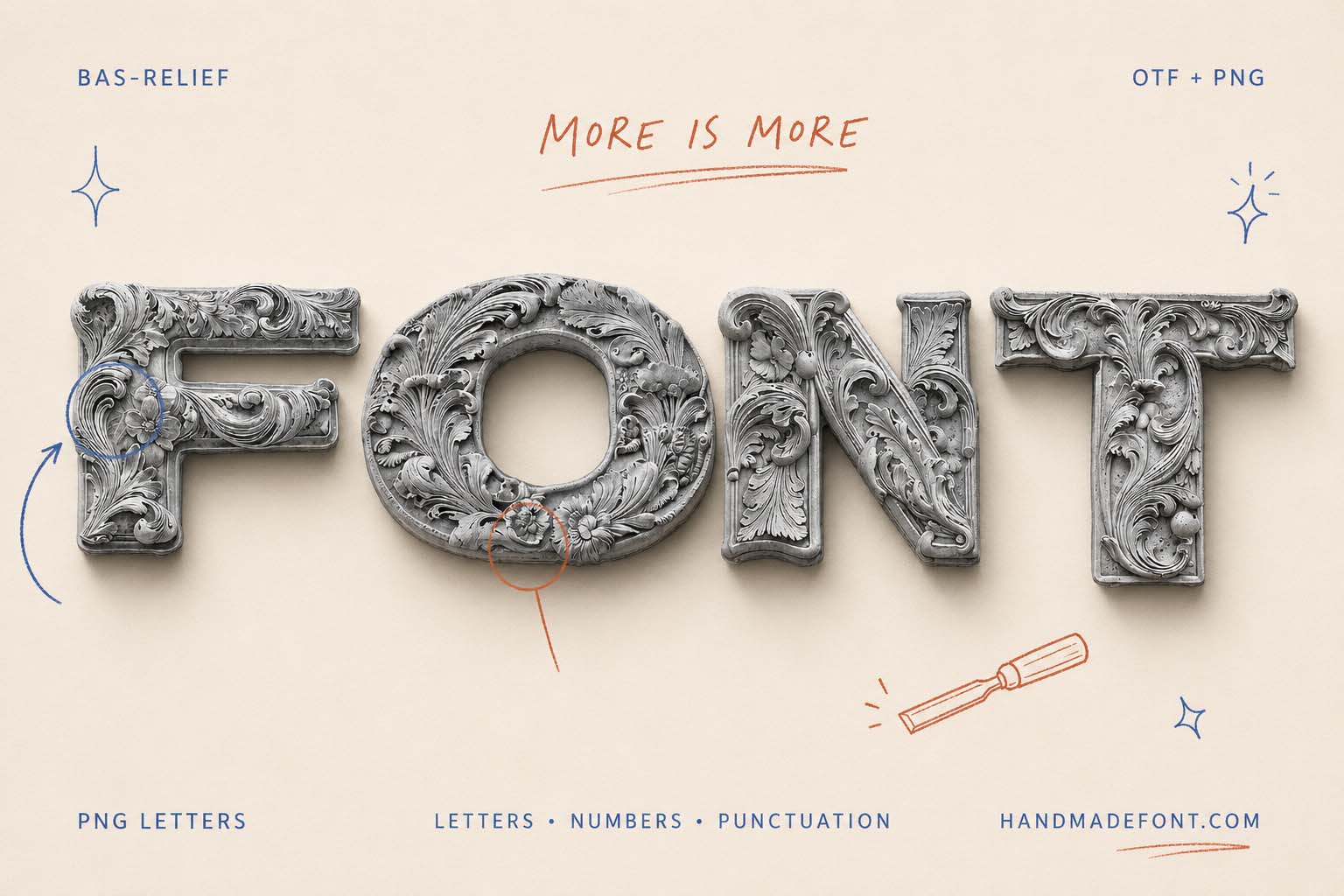 Bas-relief Font – ornamental carved stone typography for classical design