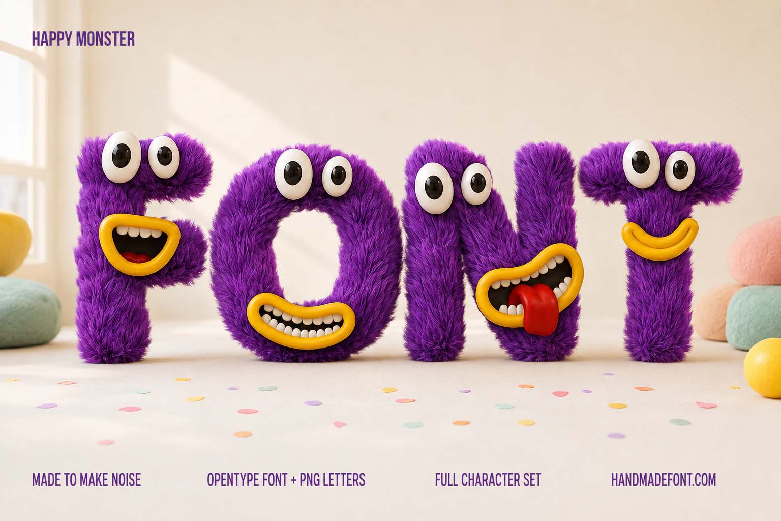 Happy Monster Font purple furry character typography preview