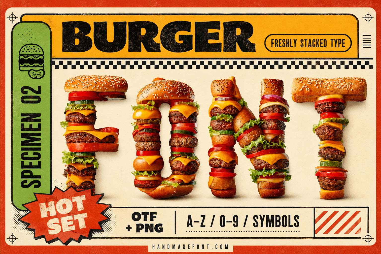 Burger Font created from stacked cheeseburger ingredients in a bold fast-food typography design