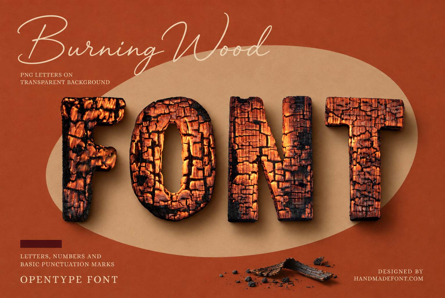 Burned Wood Font with charred wooden letters in a rustic typography design
