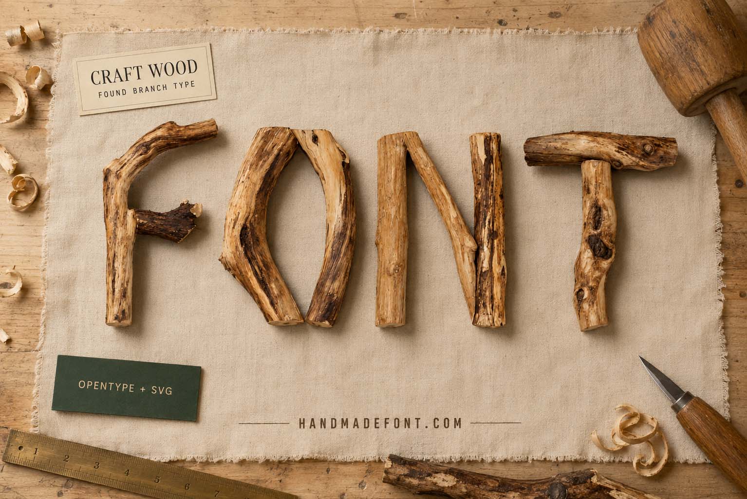 Craft Wood Font assembled from handmade wooden pieces for rustic design inspiration