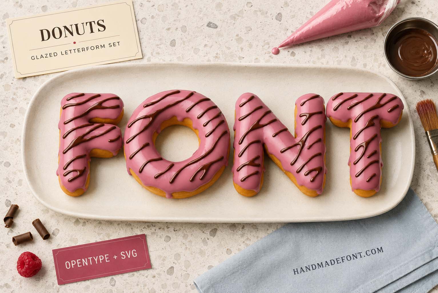 Glazed Pink Donut Font with sweet dessert letters in a colorful typography layout