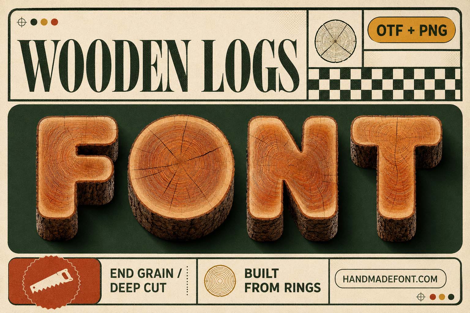 Wooden Logs Font built from solid log letterforms in a forest-inspired design