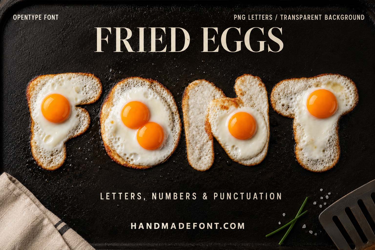 Fried Eggs Font with breakfast ingredients arranged into playful alphabet letters