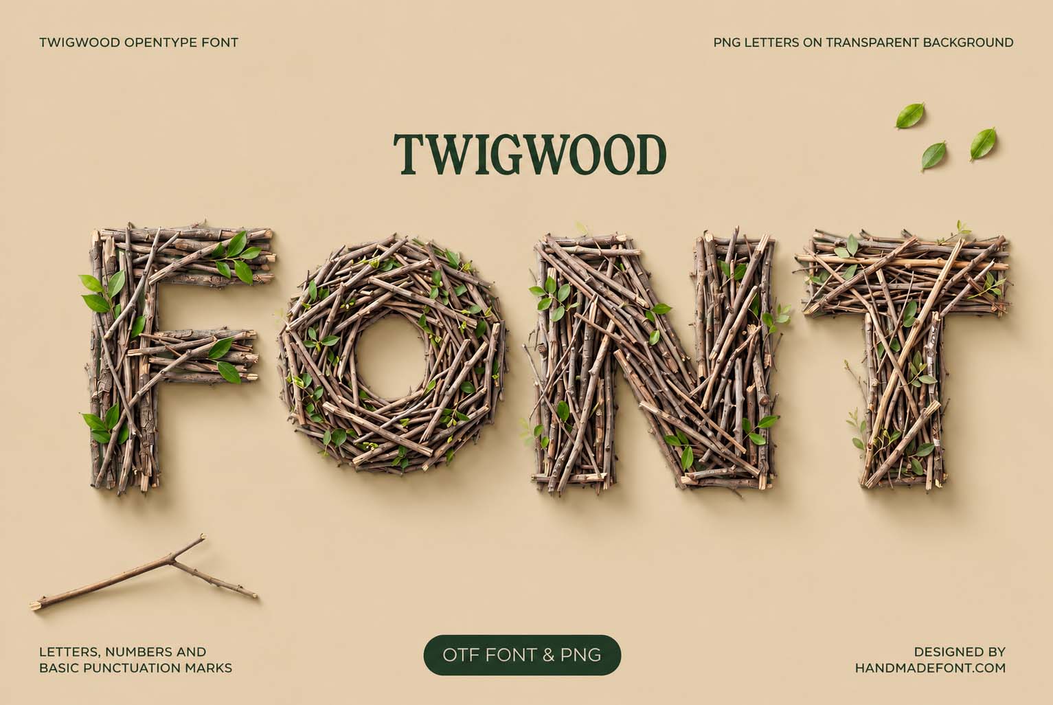 Twigwood Font woven from natural branches and green twigs for organic typography