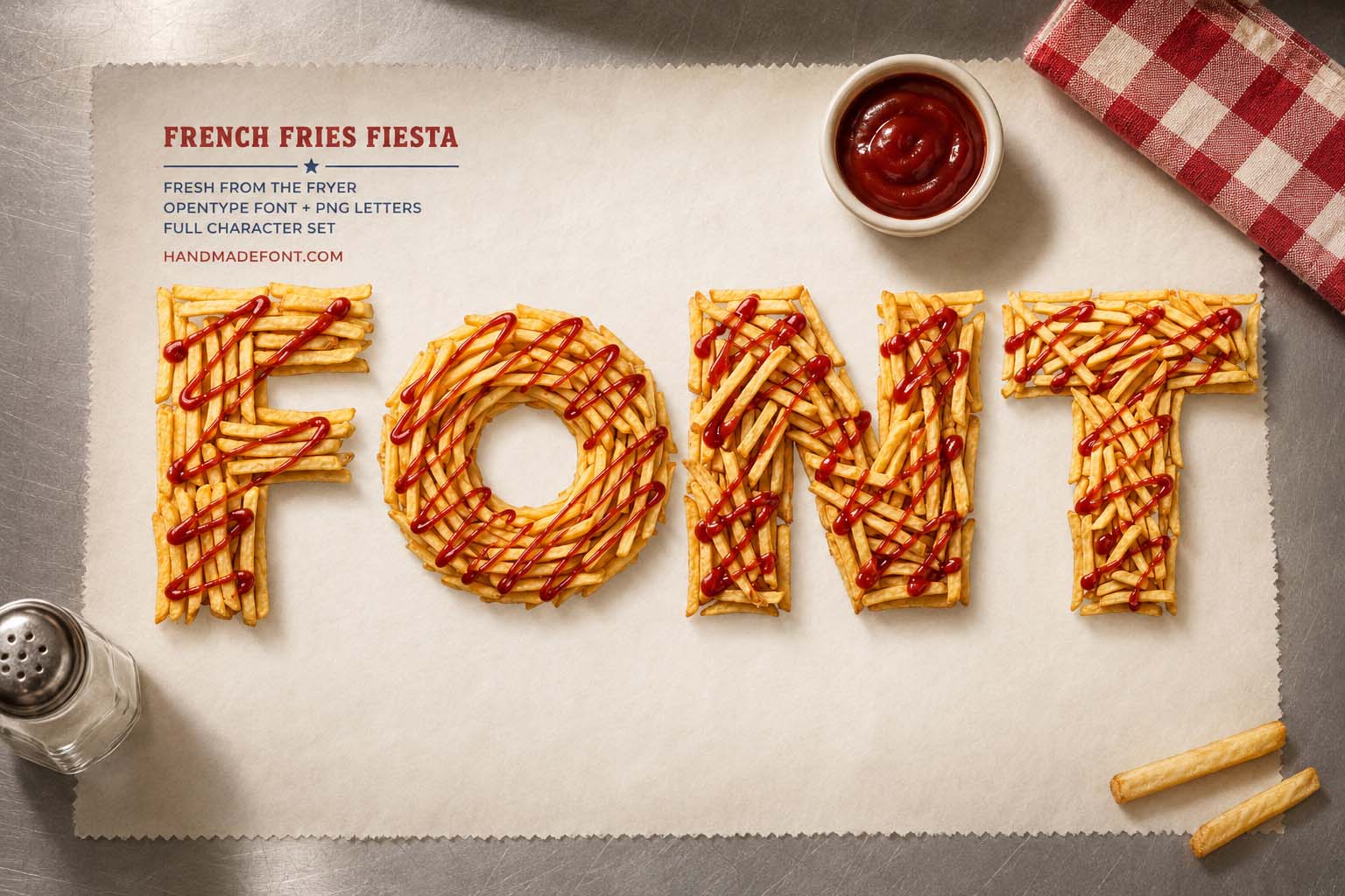French Fries Fiesta Font made from crispy potato letters with ketchup details