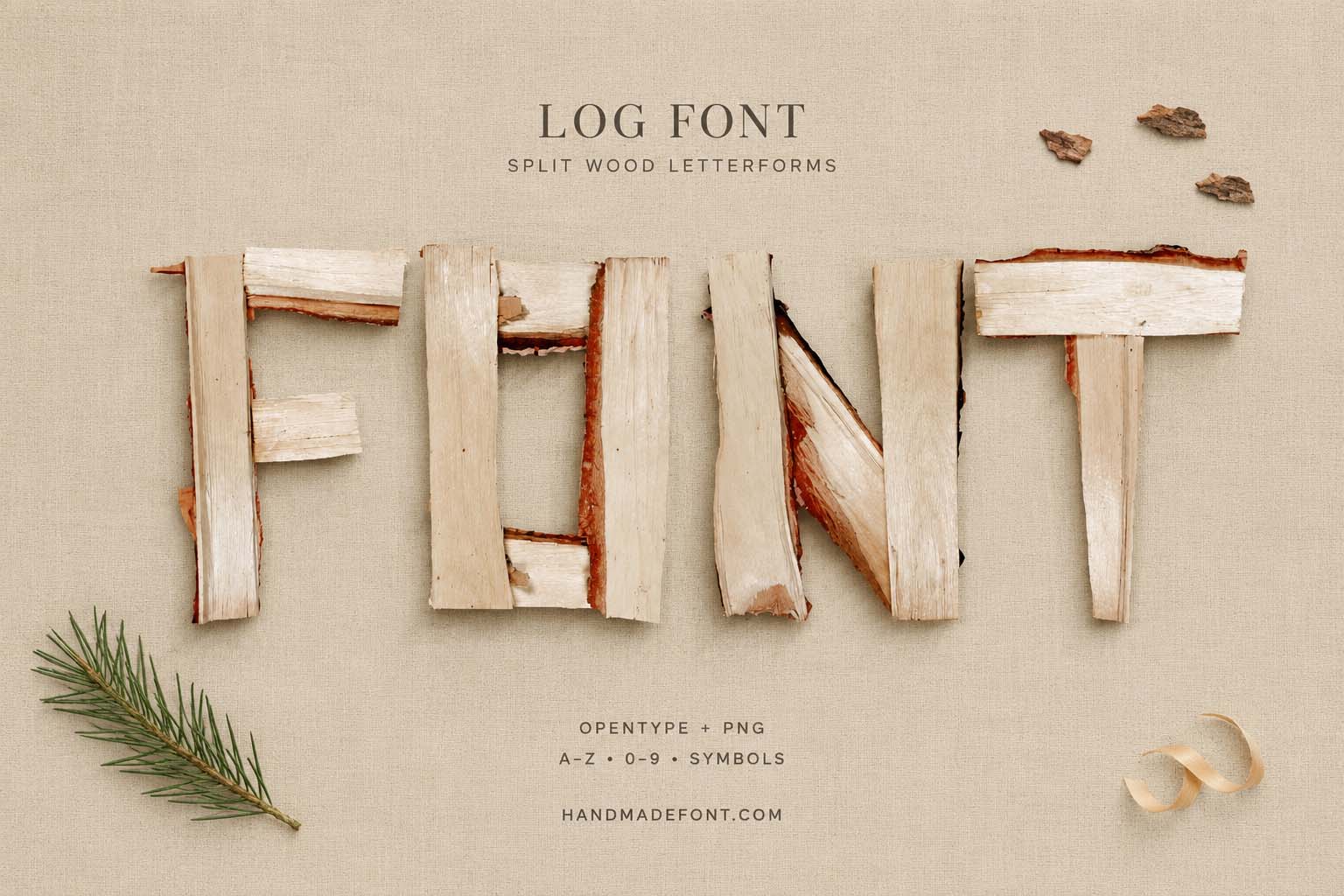 Log Font with split wooden letterforms for natural branding and rustic typography