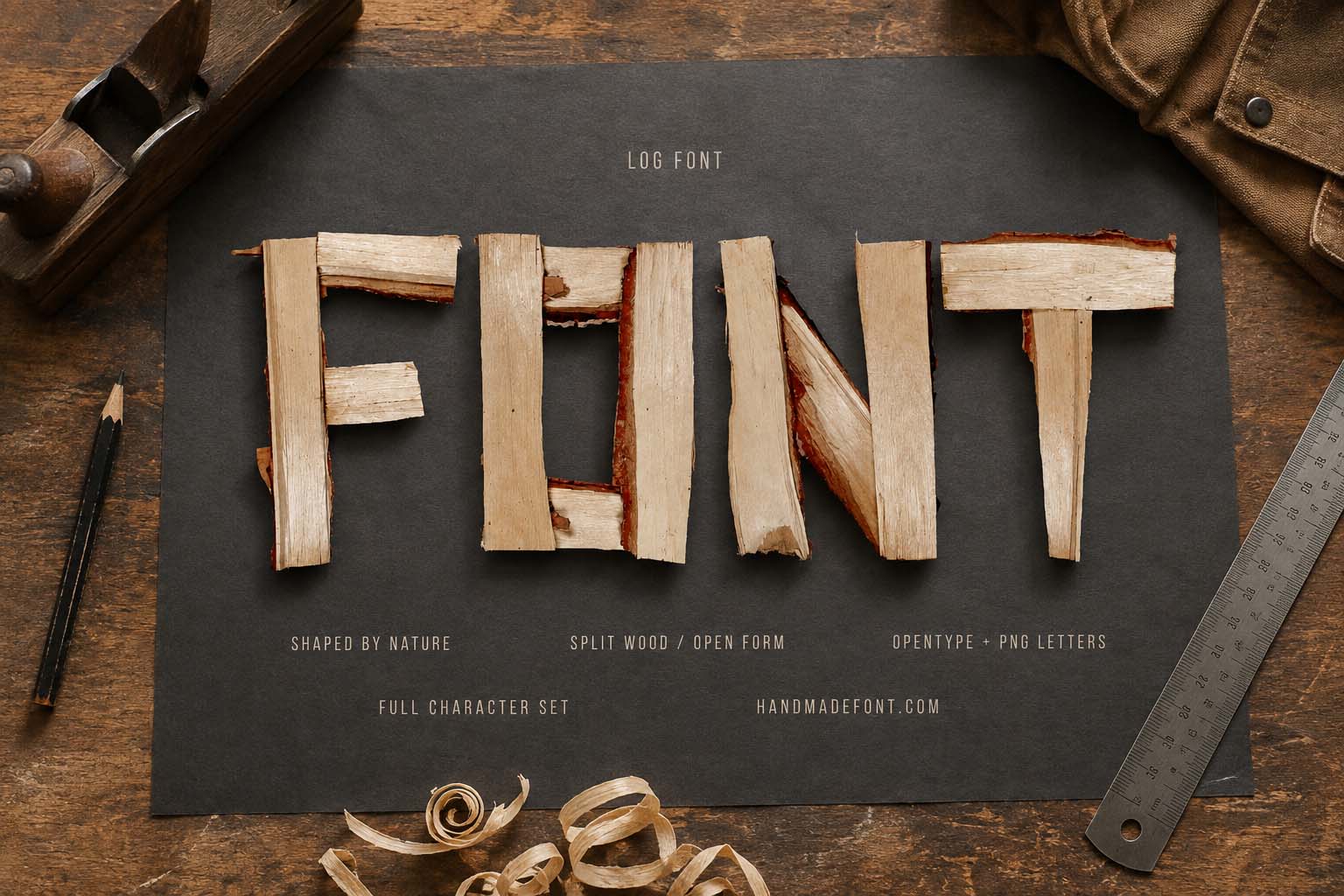 Log Font displayed in another split-wood typography composition