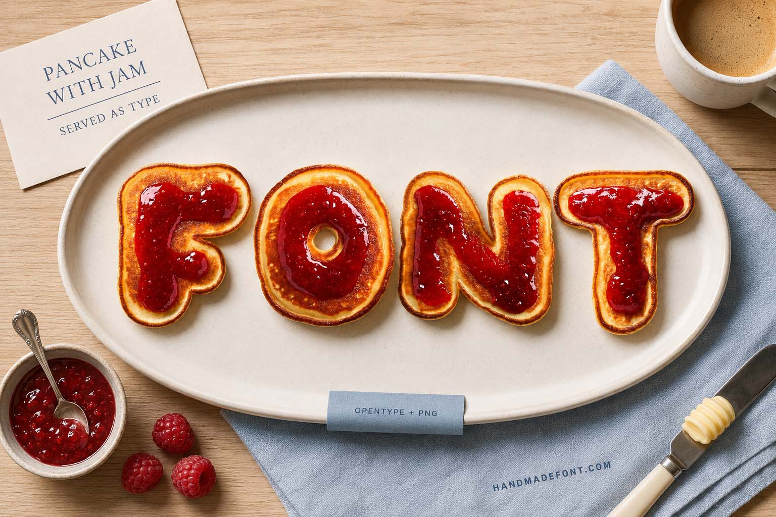 Pancake with Jam Font featuring sweet breakfast letterforms and berry topping