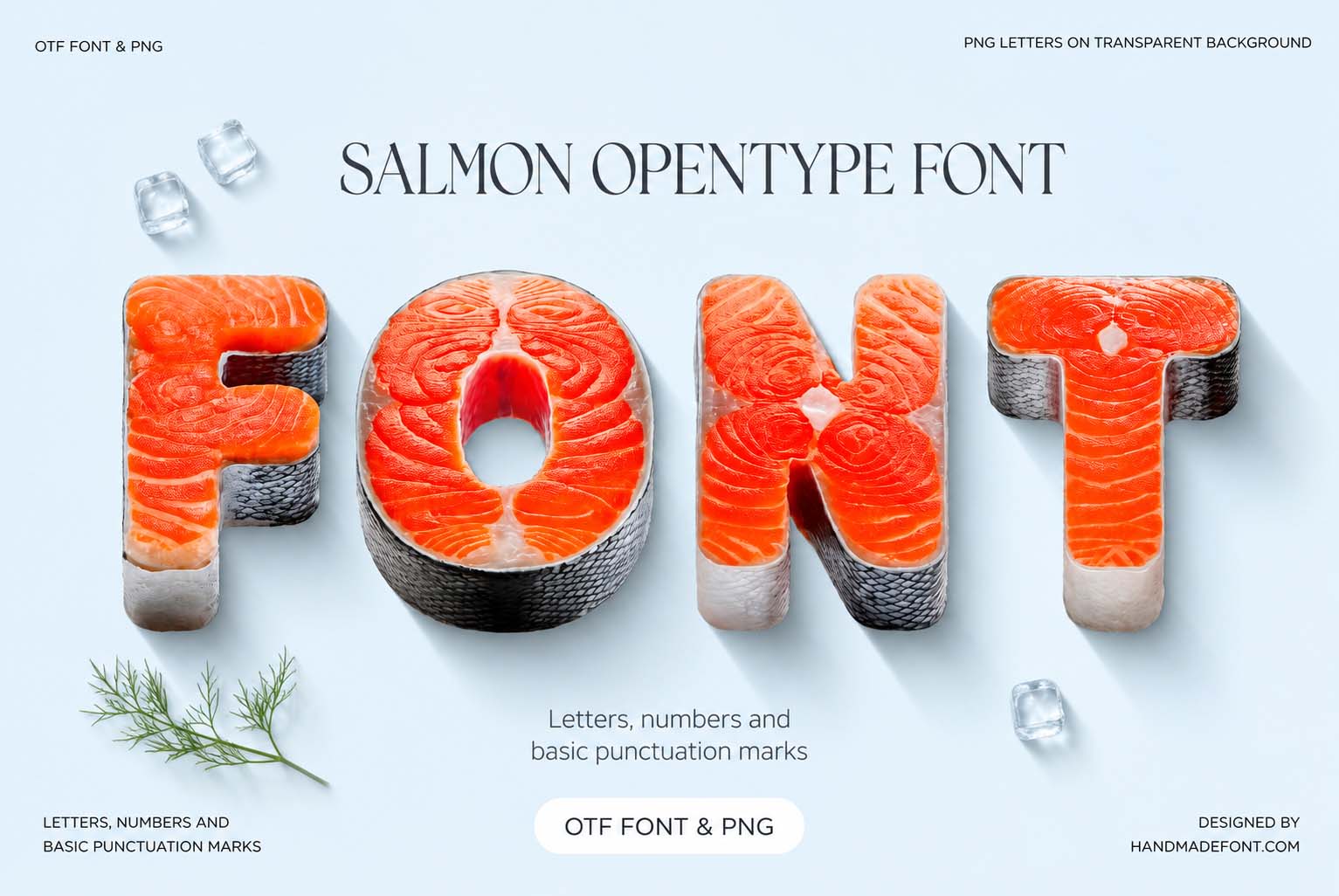 Salmon Font made from realistic raw fish letterforms