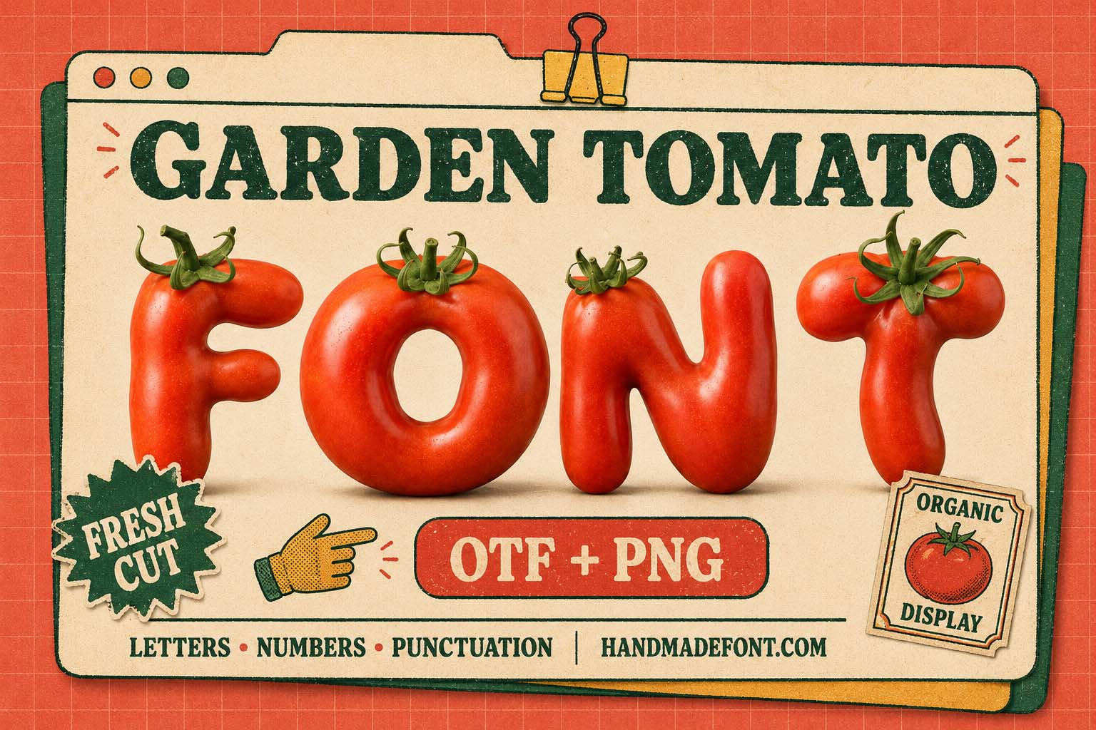 Garden Tomato Font with fresh red vegetable letters for organic food branding
