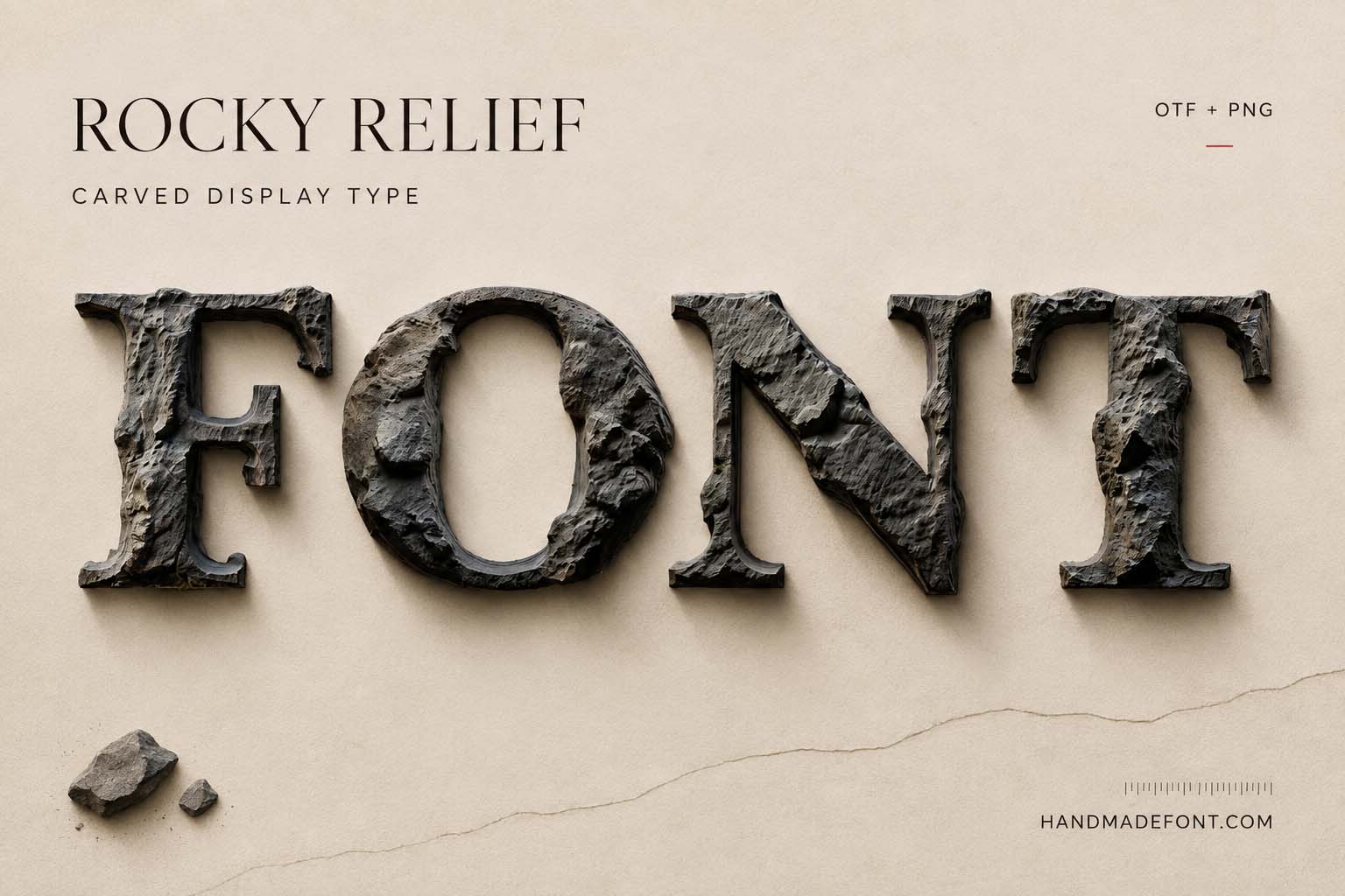 Rocky Relief Font with carved stone letters for monumental typography inspiration