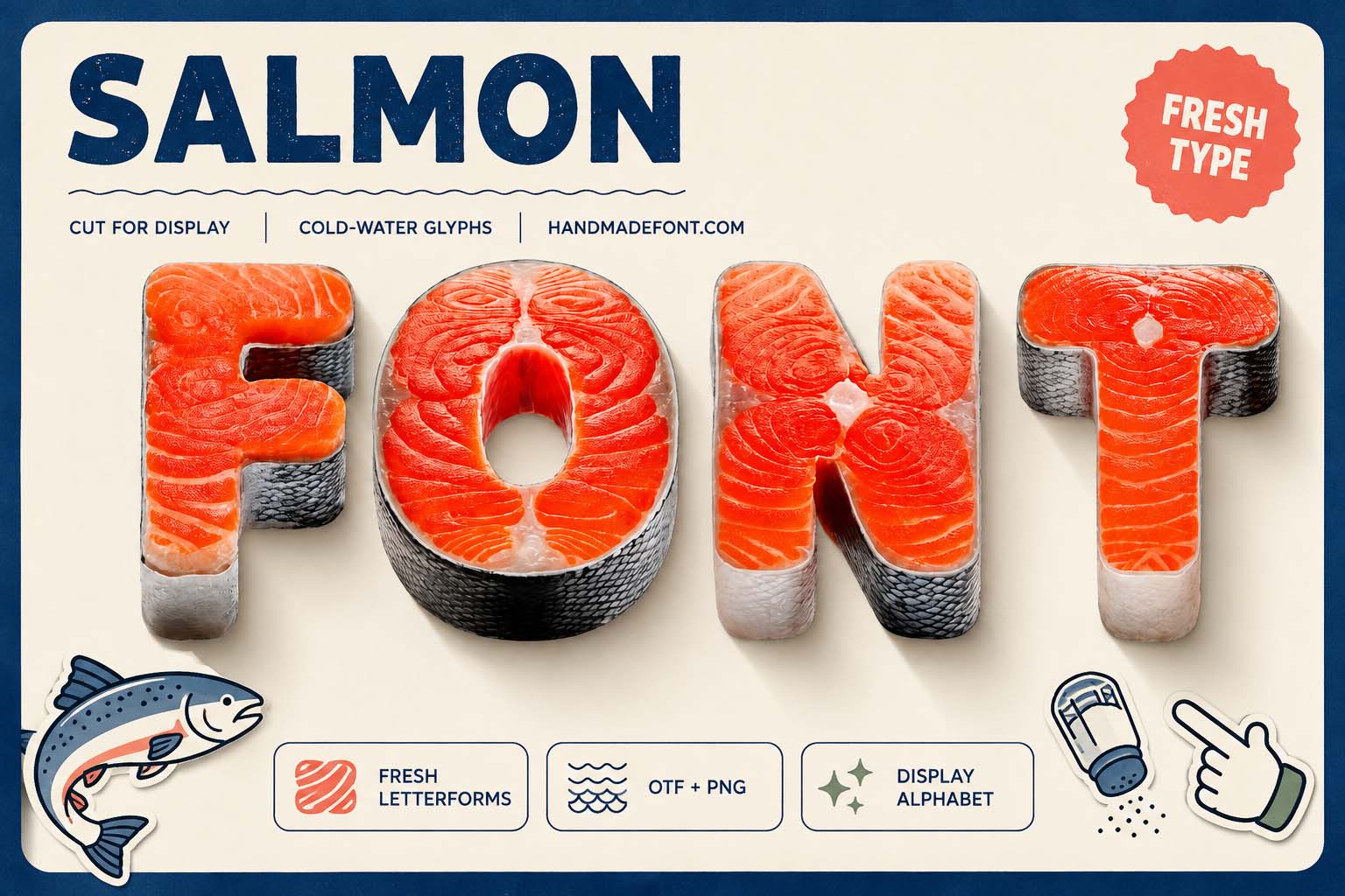 Salmon Font shown in another premium raw fish typography composition