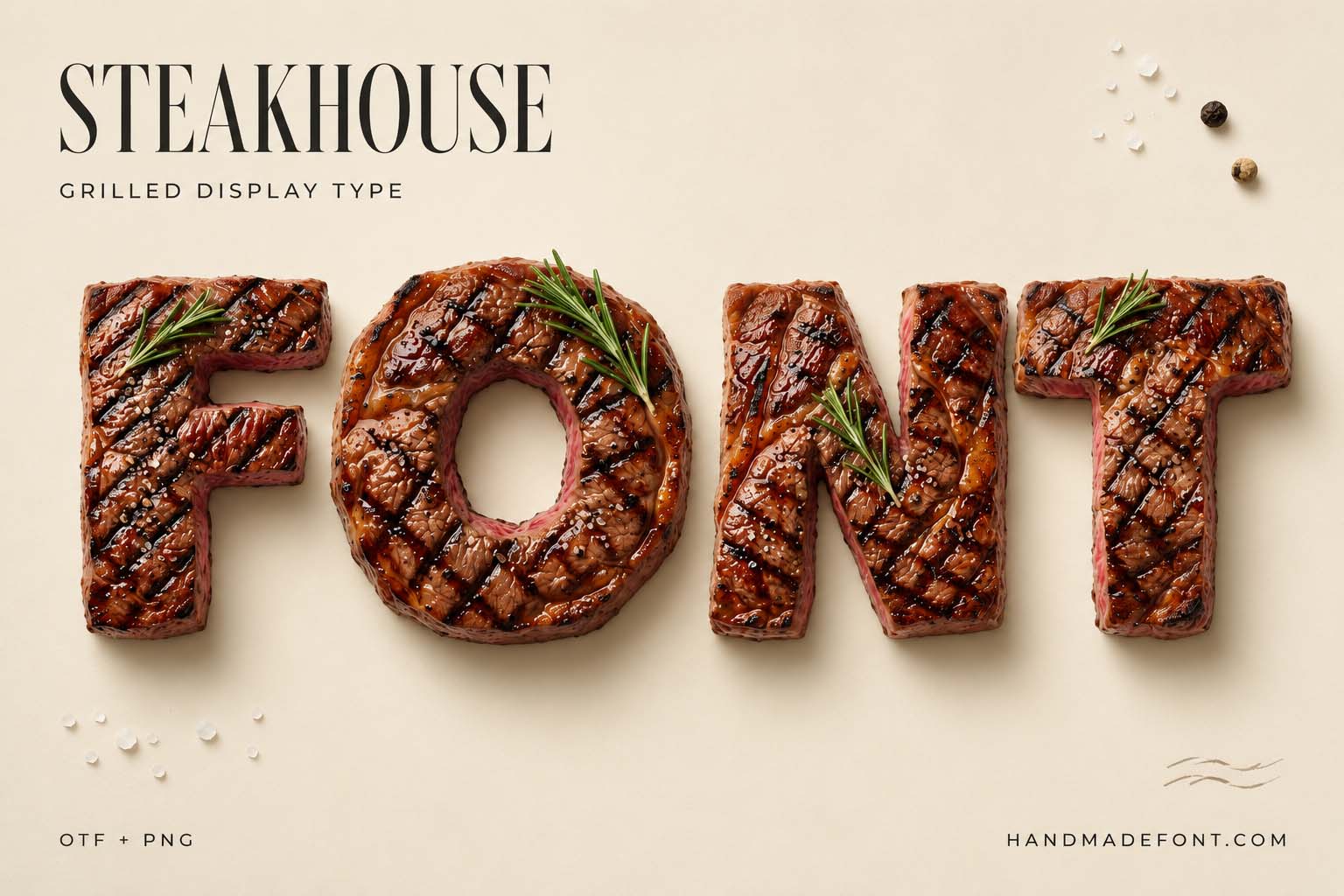 Steakhouse Font made from juicy grilled meat letters for restaurant branding