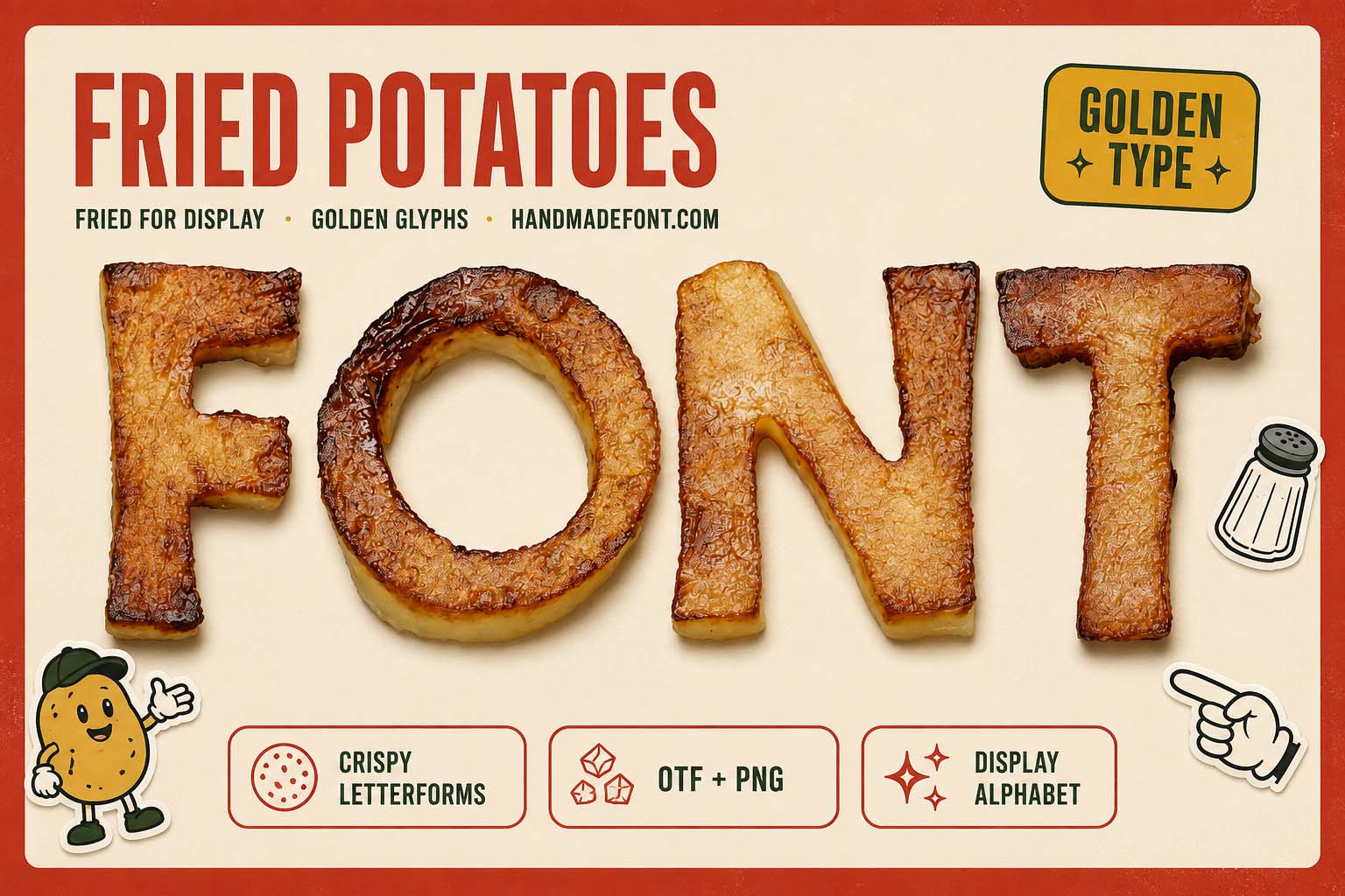 Fried Potatoes Font with golden crispy potato letters for fast-food design
