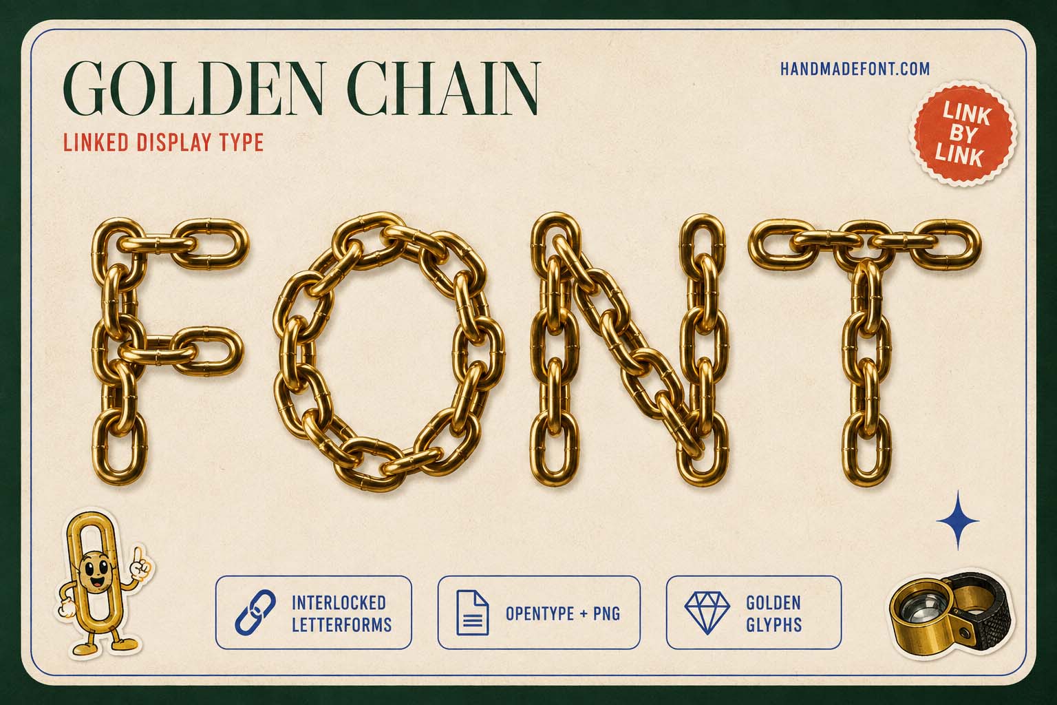 Golden Chain Font built from interlocking metallic links for premium typography