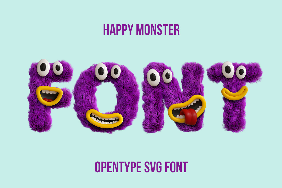 Happy Monster Font with purple furry letters and funny faces