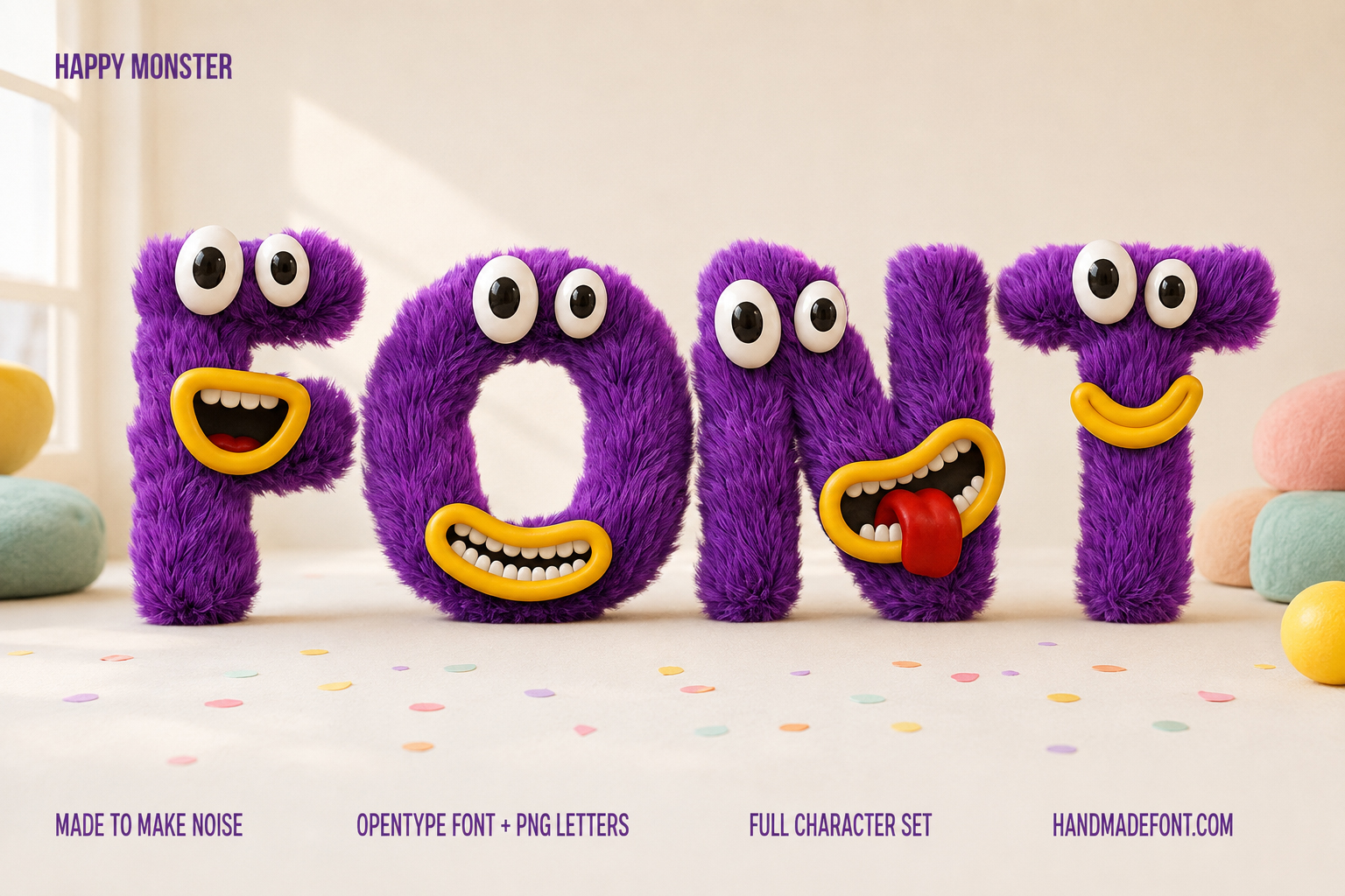 Happy Monster Font – Colorful Furry Typography Happy Monster Font with colorful furry letters and playful monster faces