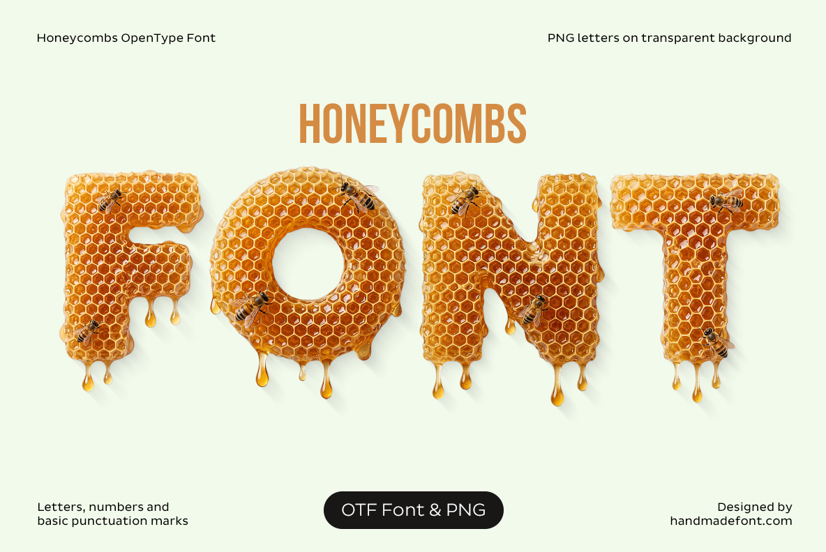 Honeycombs Font with letters made from honeycomb and golden honey