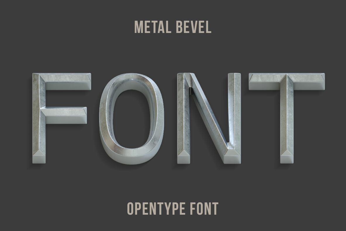 Metal Bevel Font with dimensional silver metal letters and beveled edges