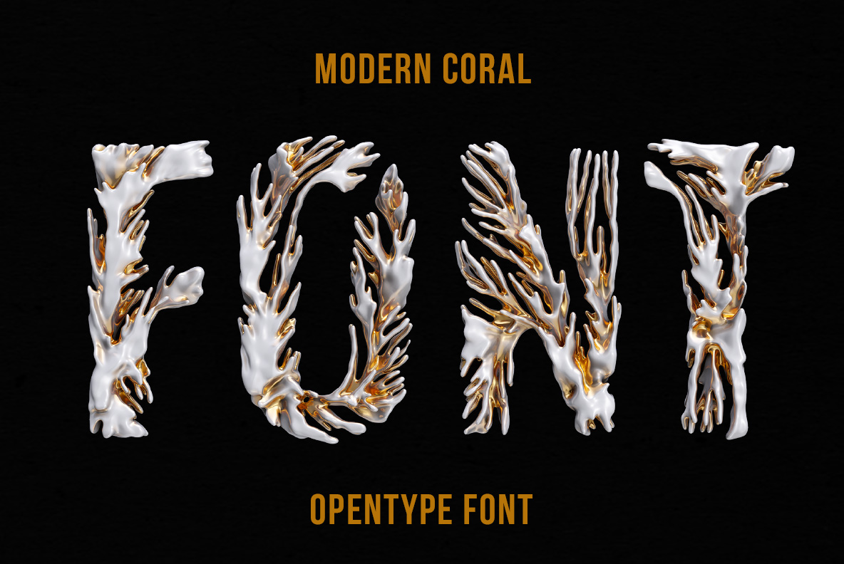 Modern Coral Font with branching coral-inspired white and gold letters