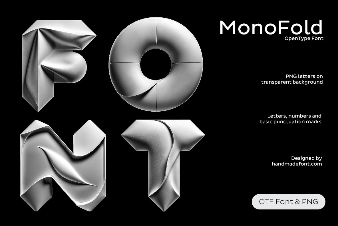 MonoFold Font with metallic folded monochrome letterforms