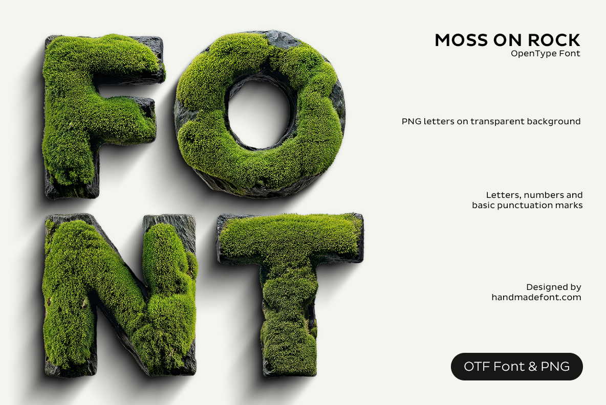 Moss on Rock Font with stone letters covered in green moss