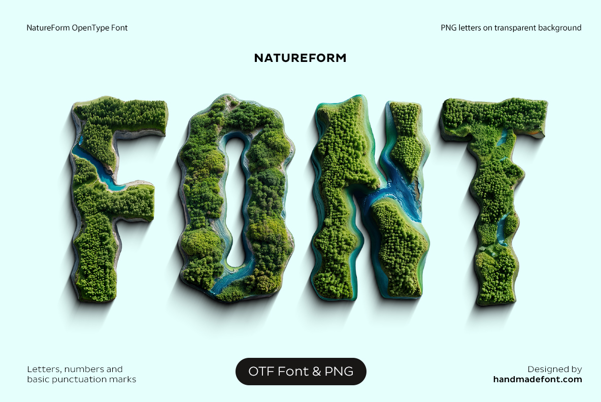 NatureForm Font with letters formed from miniature natural landscapes
