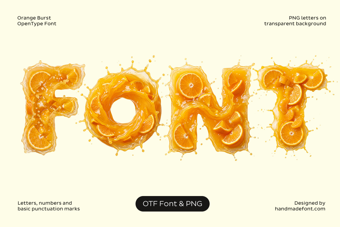 Orange Burst Font – Orange 3D Typography Orange Burst Font with 3D letters formed from orange juice splashes and citrus slices