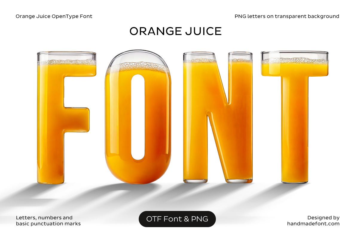 Orange Juice Font – Liquid 3D Typography Orange Juice Font with transparent 3D letters filled with bright orange juice