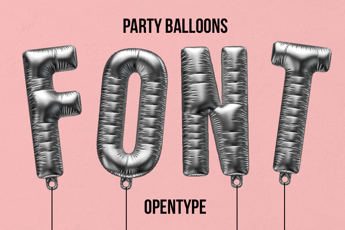 Party Balloons Font with shiny silver inflated letters
