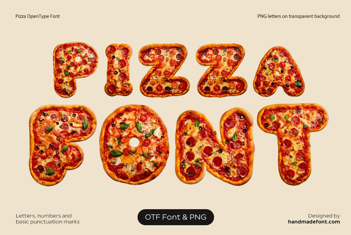 Pizza Font with letters inspired by realistic pizza ingredients and textures
