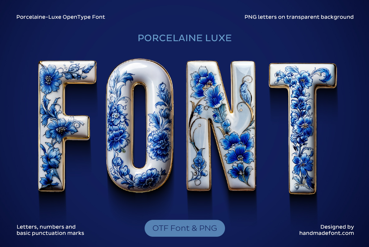 Porcelain Luxe Font with white porcelain letters, blue floral patterns and gold details