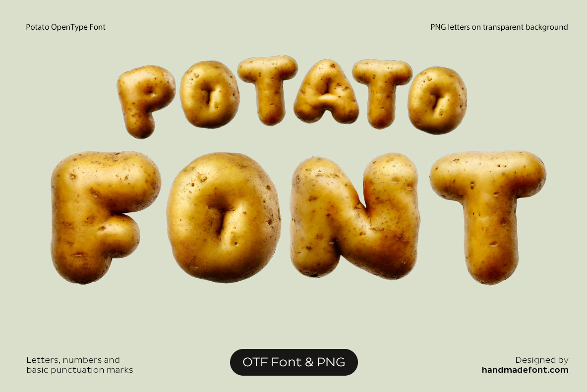 Potato Font – Vegetable Food Alphabet Potato Font with realistic potato-shaped letters spelling FONT