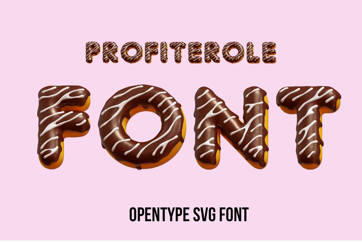 Profiterole Font featuring realistic cream pastry and baked profiterole textures