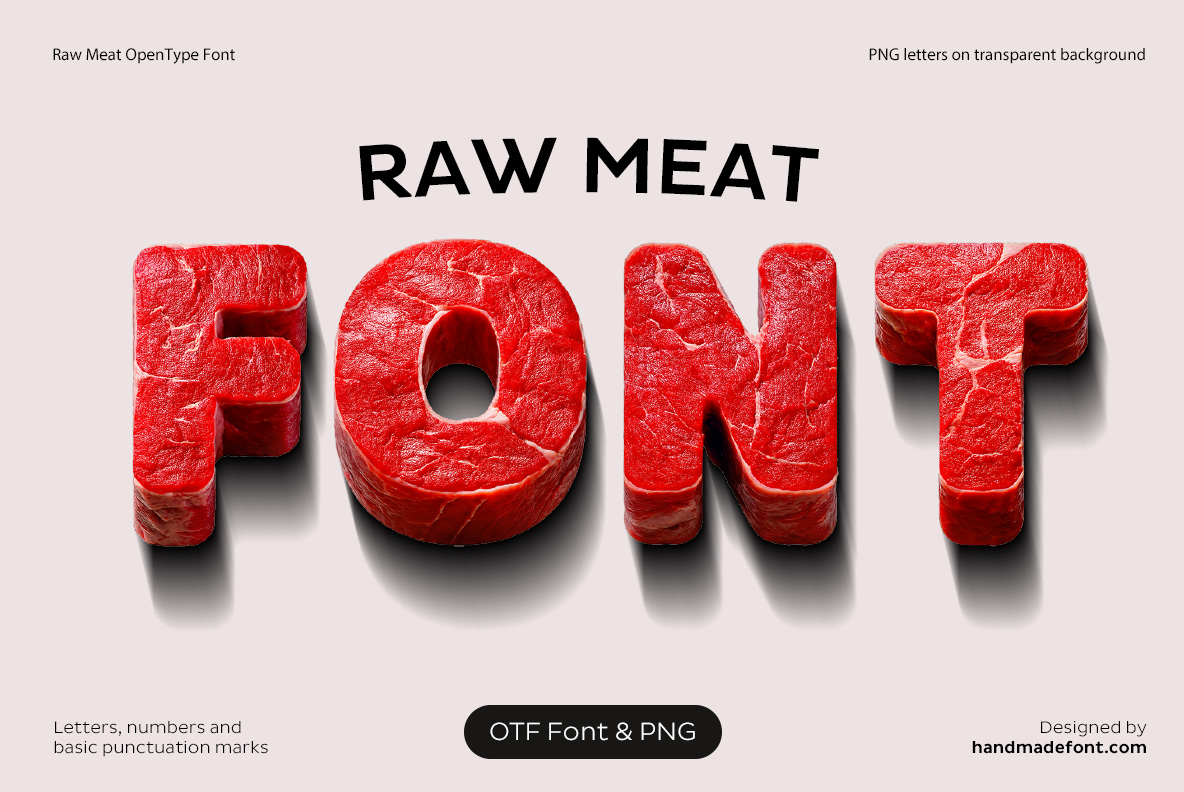 Raw Meat Font – Meat Food Typography Raw Meat Font with realistic raw beef letters forming the word FONT