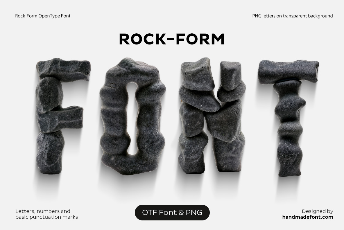 Rock Form Font with irregular stone shapes forming bold dimensional letters