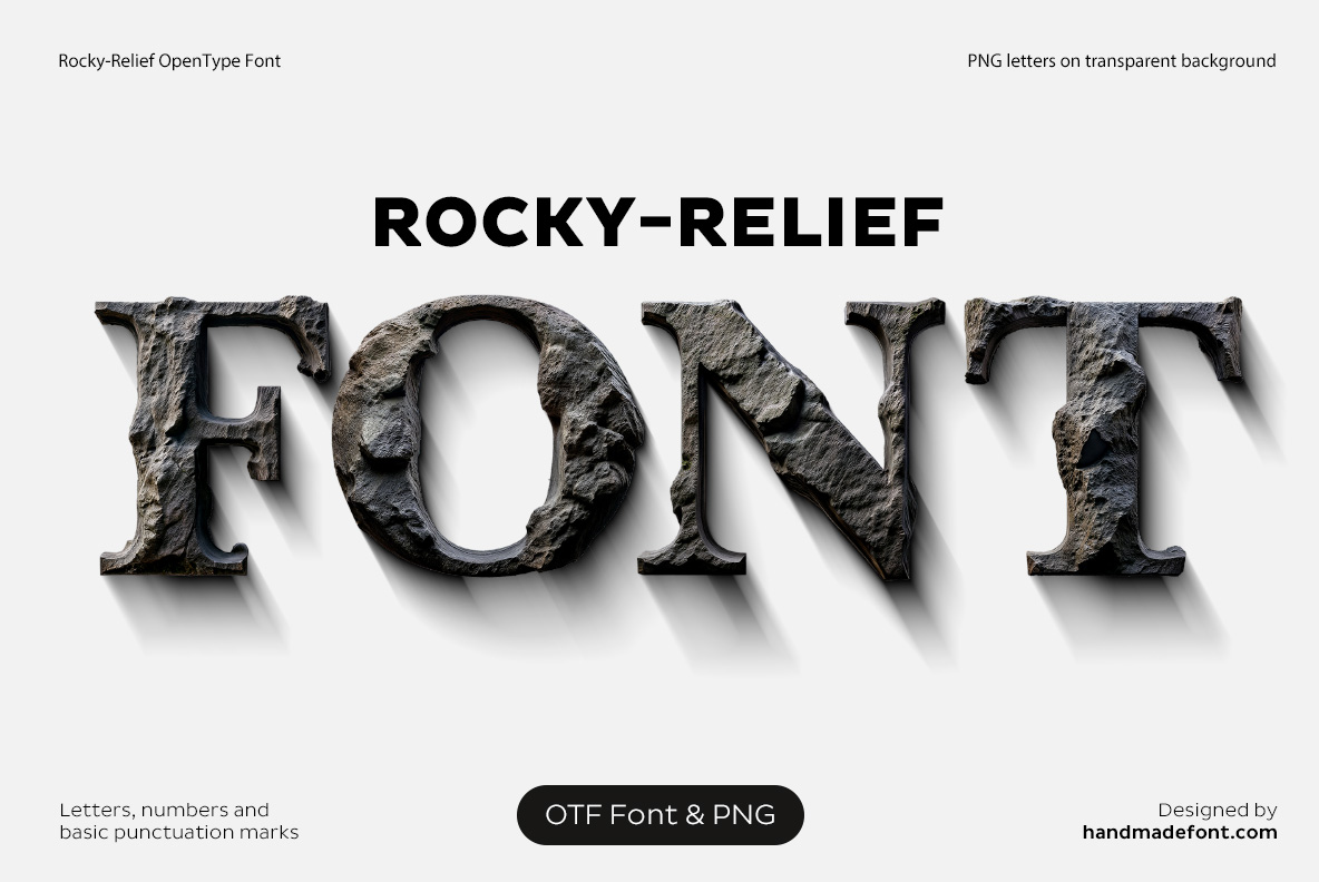 Rocky Relief Font with rugged stone letters carved in deep rocky relief