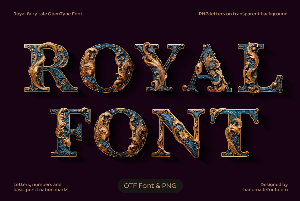Royal Fairy Tale Font with decorative royal lettering and elaborate ornamental details