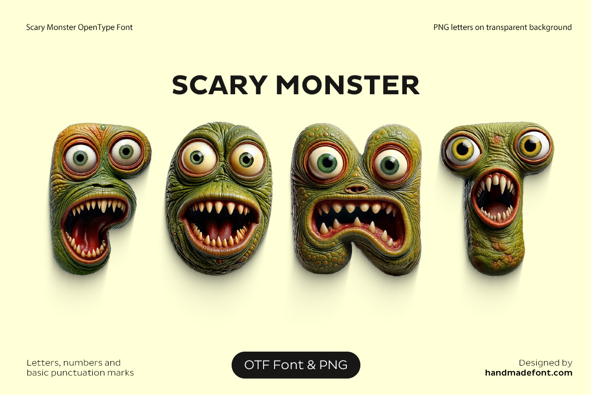 Scary Monster Font – Horror Creature Lettering Scary Monster Font with sinister letterforms, sharp teeth and creepy details