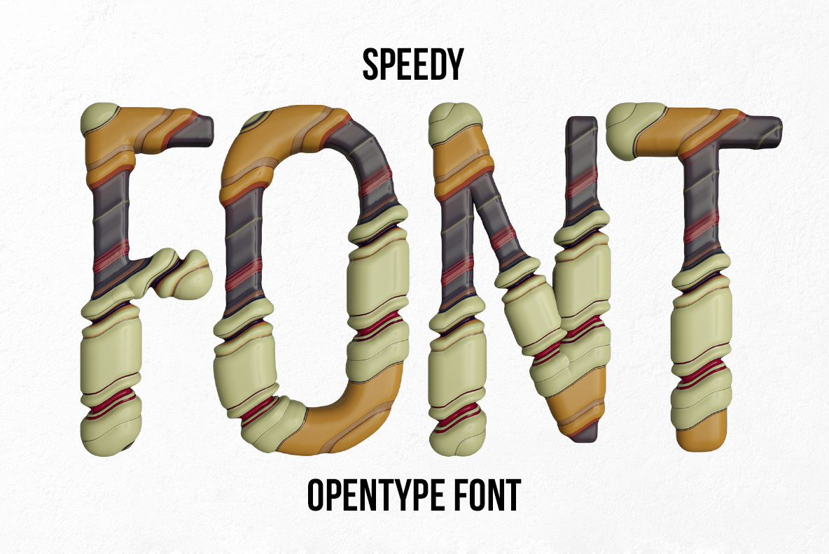 Speedy Font with layered flowing letterforms and abstract surface patterns