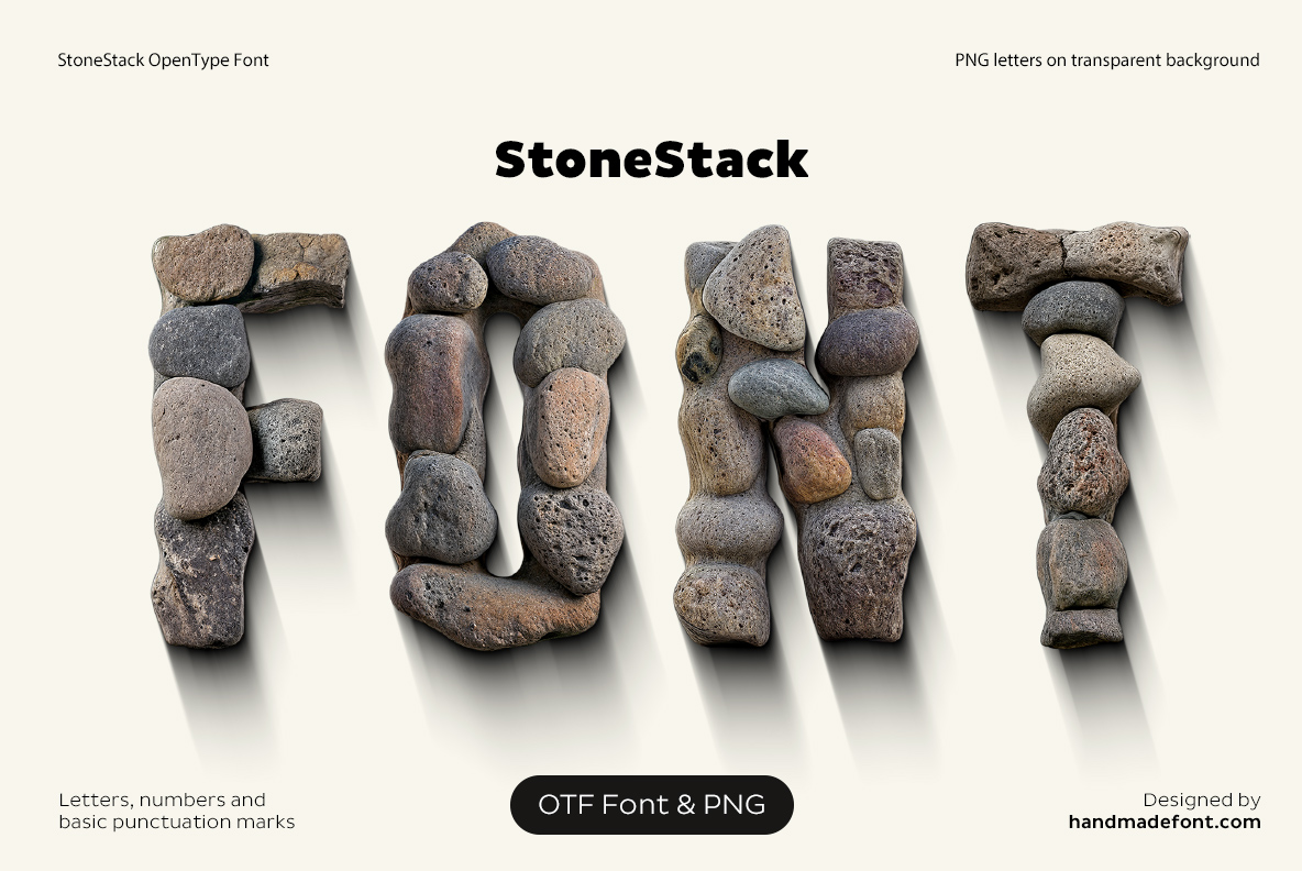Stone Stack Font with letters built from stacked natural rocks and pebbles