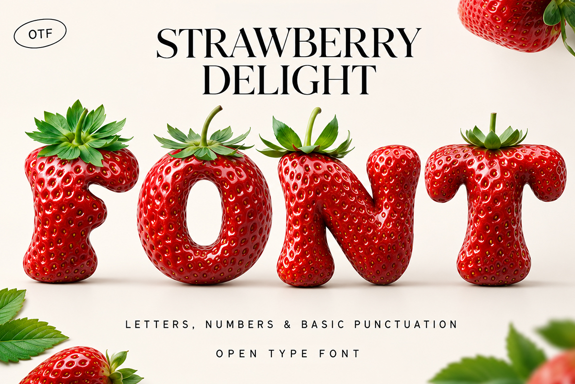 Strawberry Delight Font – 3D Strawberry Typography Strawberry Delight Font with glossy 3D letters inspired by fresh strawberries