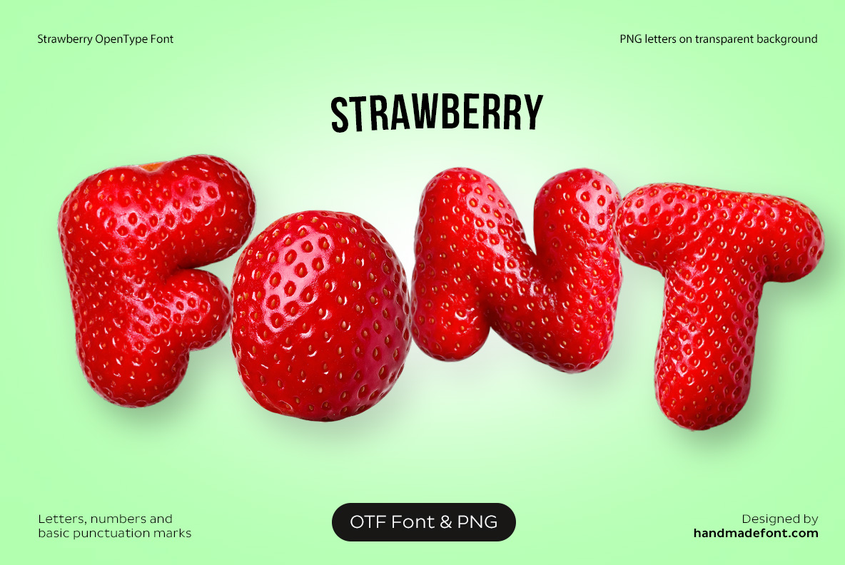 Strawberry Font – Handmade 3D Fruit Font Strawberry Font with realistic red strawberry texture forming bold 3D letters